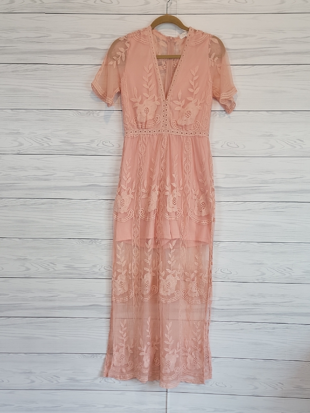 Eleter Lace Embroidered Romper With Maxi Dress Overlay- Rose Pink Size S